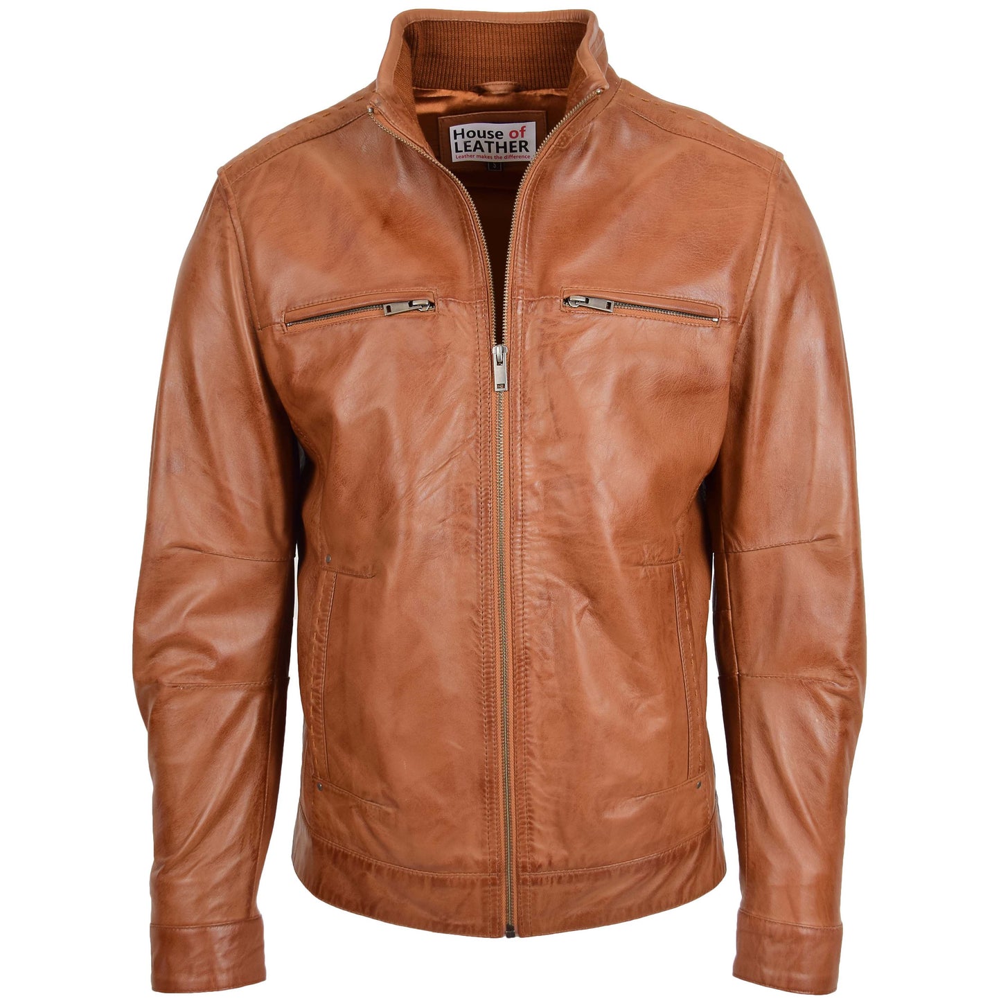 Men's Standing Collar Leather Jacket Tony Tan