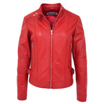 Womens Soft Leather Casual Zip Biker Jacket Ruby Red 2