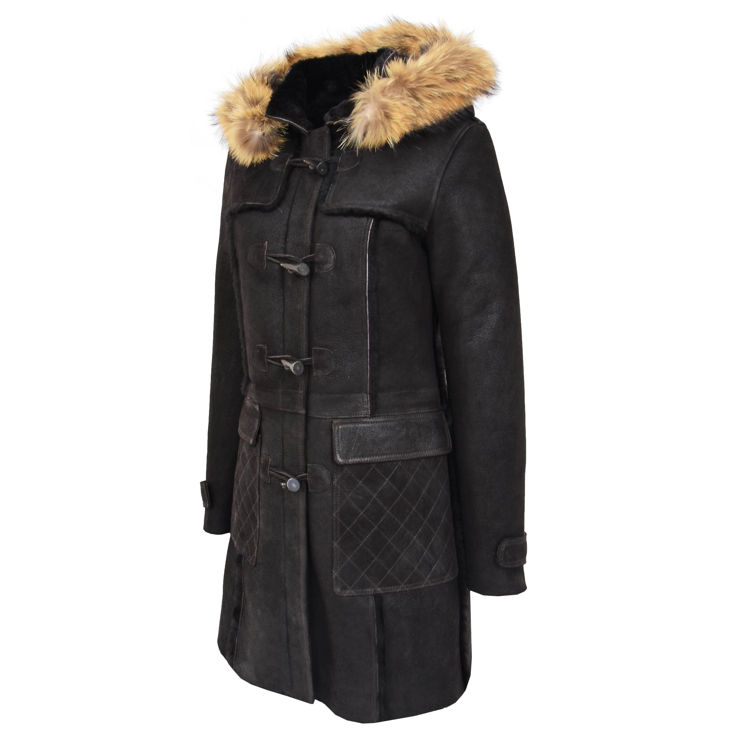 Womens Sheepskin Duffle Coat 3/4 Length Parka Beth Dark Brown – House ...