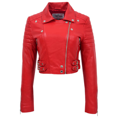 Womens Leather Cropped Biker Style Jacket Demi Red 2