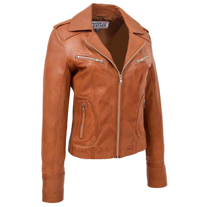 Womens Leather Fitted Biker Style Jacket Kim Tan 2