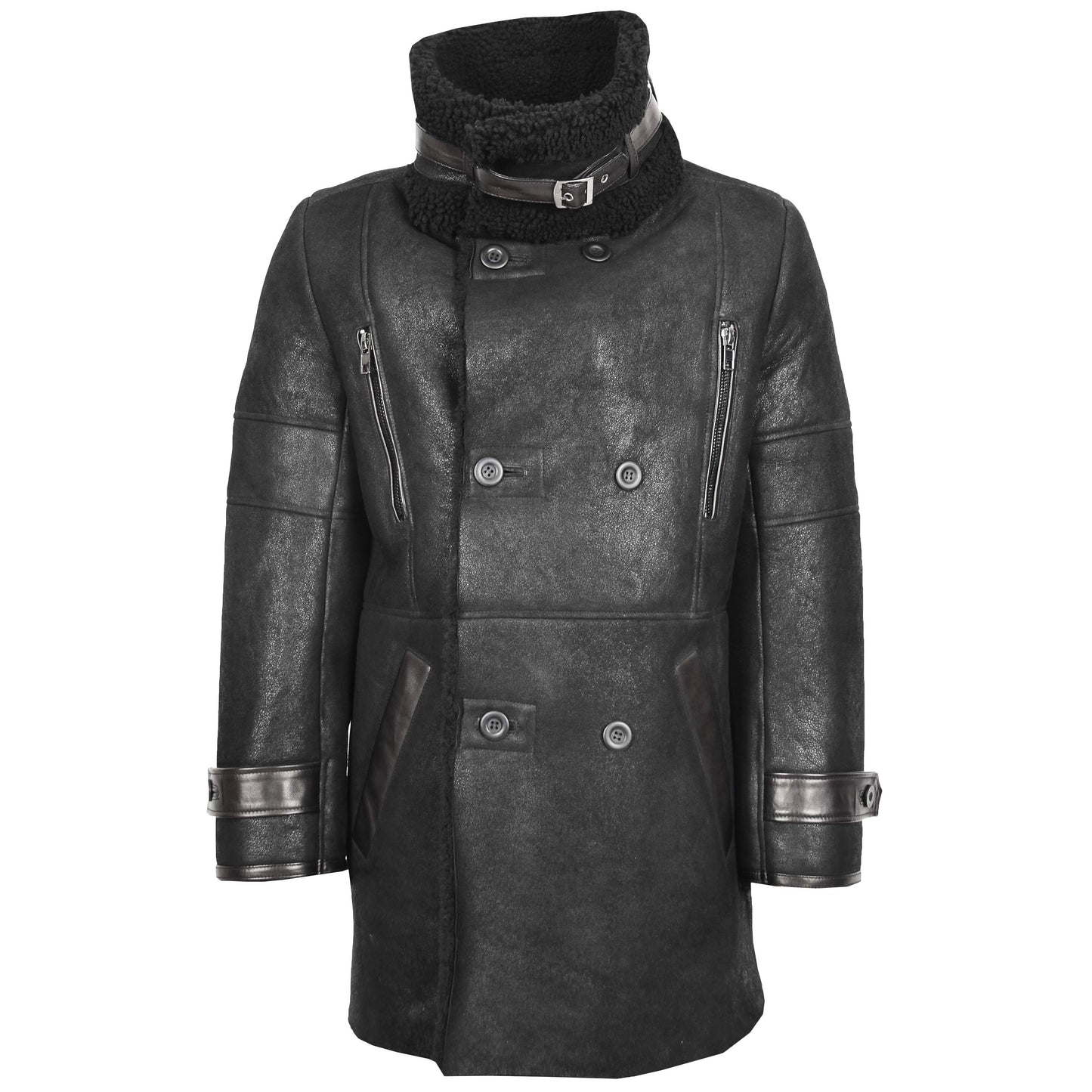 Mens Double Breasted Sheepskin 3/4 Length Coat Bryan Black 2