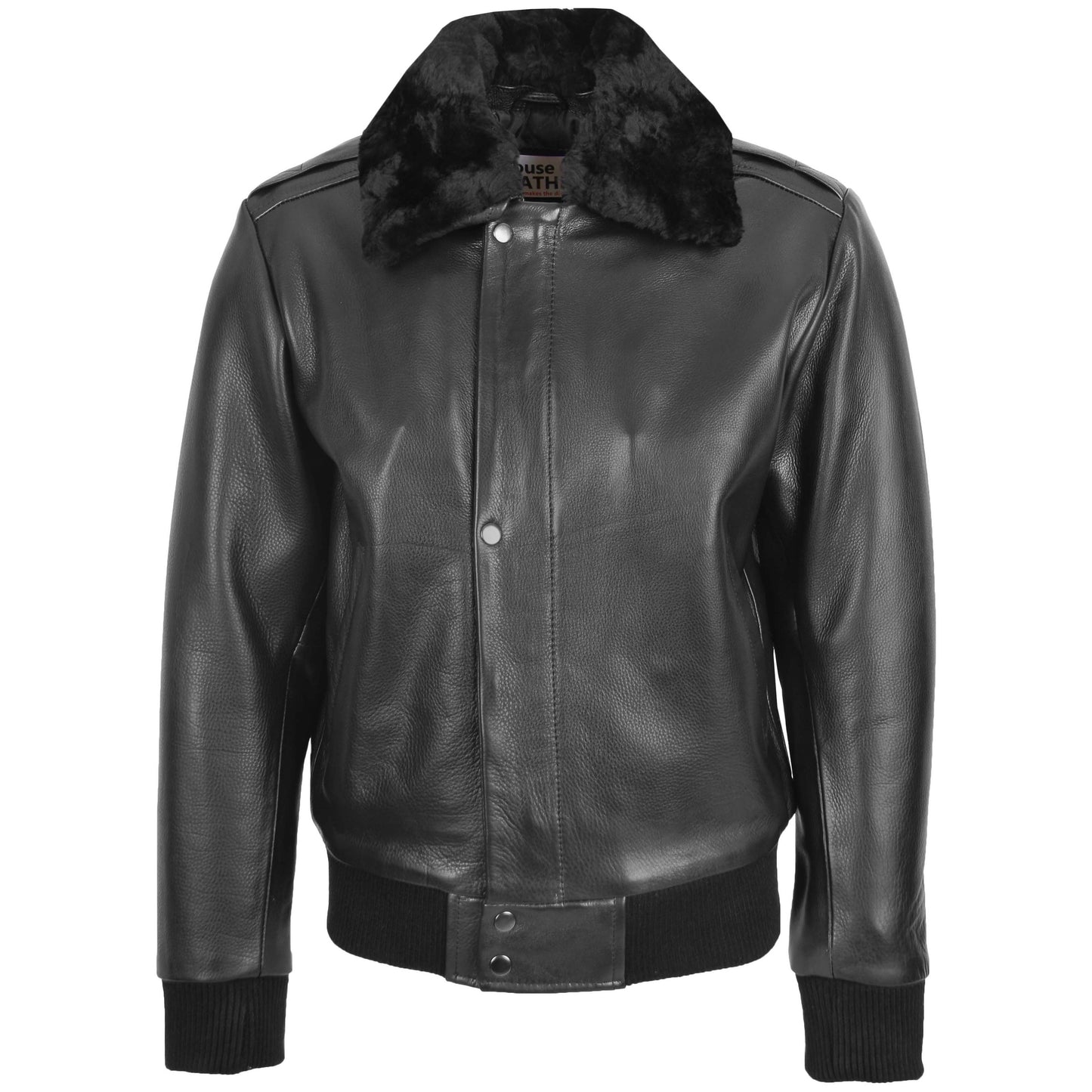 Mens Leather Bomber Pilot Jacket Removable Collar Leroy Black 2