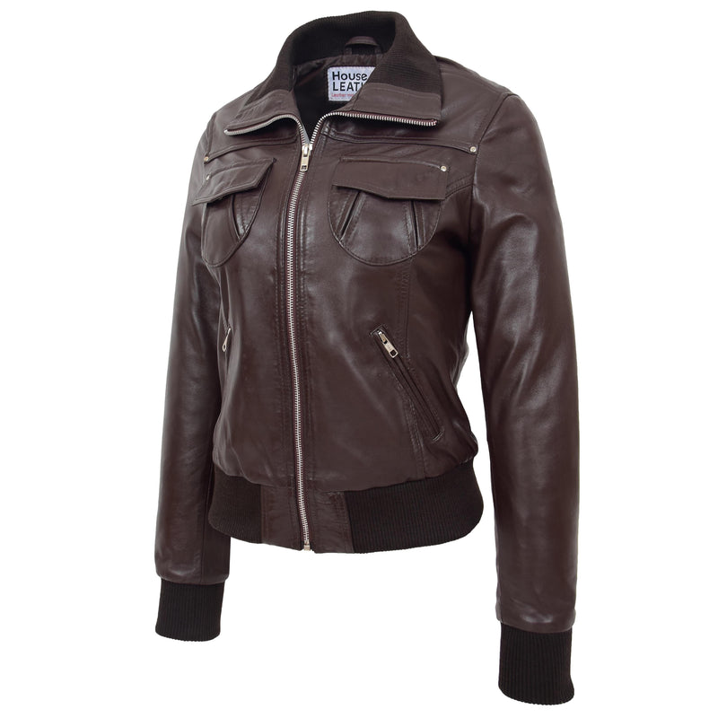 Womens Leather Classic Bomber Jacket Motto Brown 2