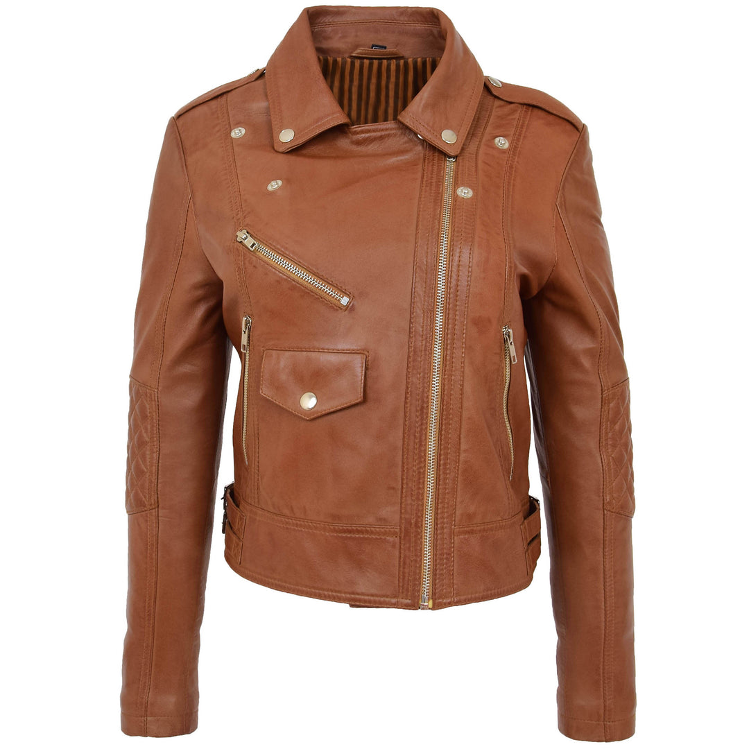 Womens Real Leather Biker Cross Zip Fashion Jacket Remi Tan 2