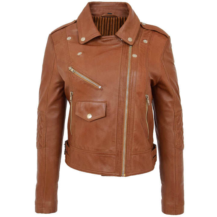 Womens Real Leather Biker Cross Zip Fashion Jacket Remi Tan 2