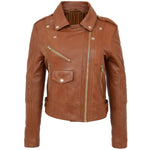 Womens Real Leather Biker Cross Zip Fashion Jacket Remi Tan 2
