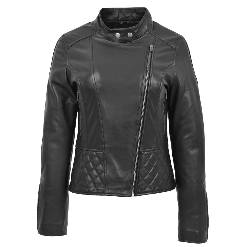 Womens Leather Stand-Up Collar Biker Jacket Laura Black 2