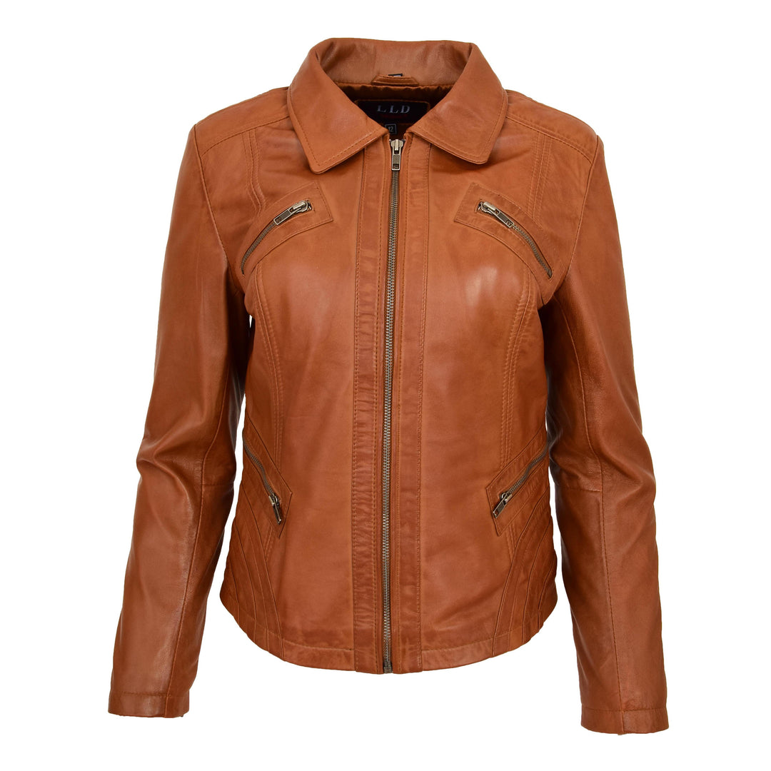 Womens Classic Leather Biker Zip Box Jacket Nova Tan