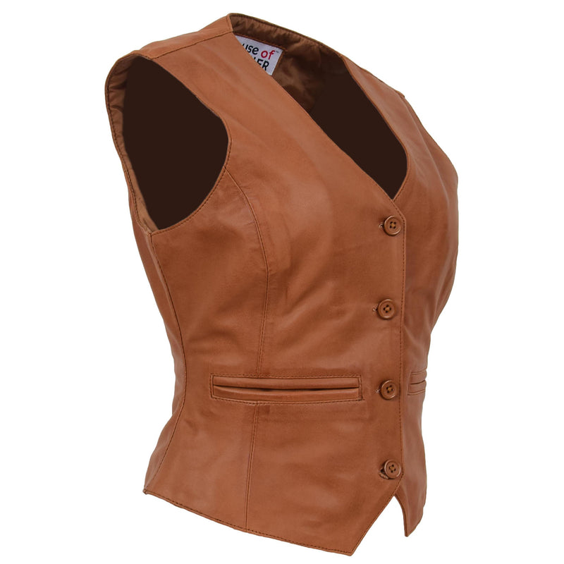 Womens Leather Classic Buttoned Waistcoat Rita Tan 2