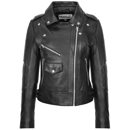 Womens Real Leather Biker Cross Zip Fashion Jacket Remi Black 2