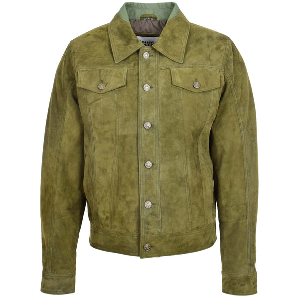 Mens Exclusive Goat Suede Trucker Jacket Green | House of Leather