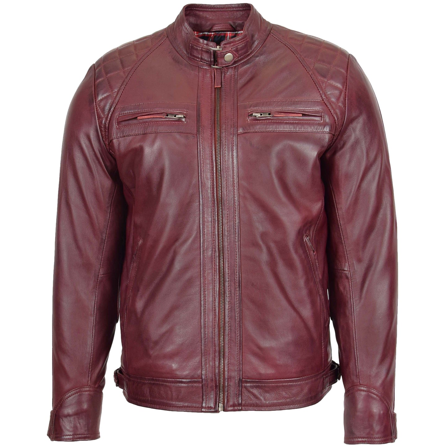 Mens Biker Leather Jacket Standing Collar Bowie Burgundy 2