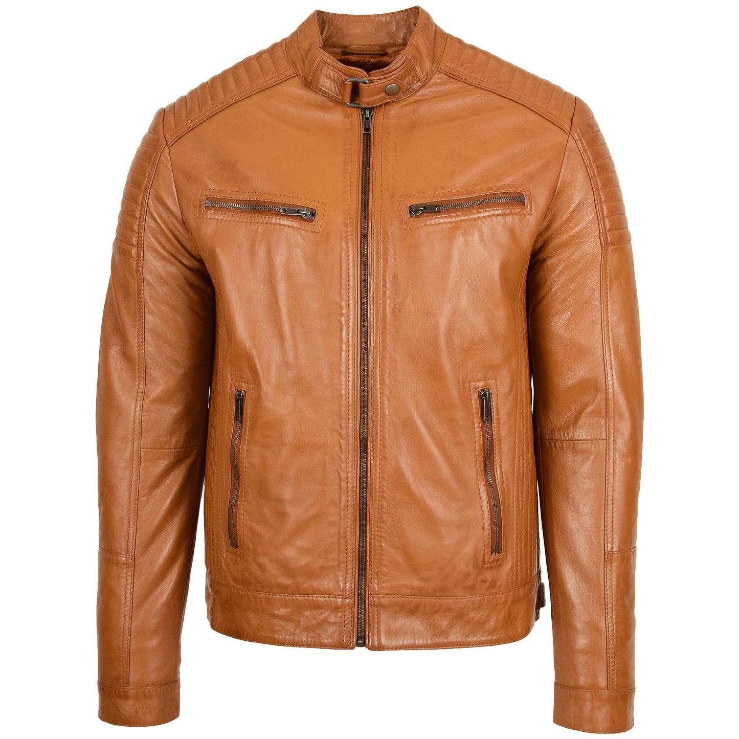 Mens Leather Cafe Racer Biker Jacket Ron Tan 2