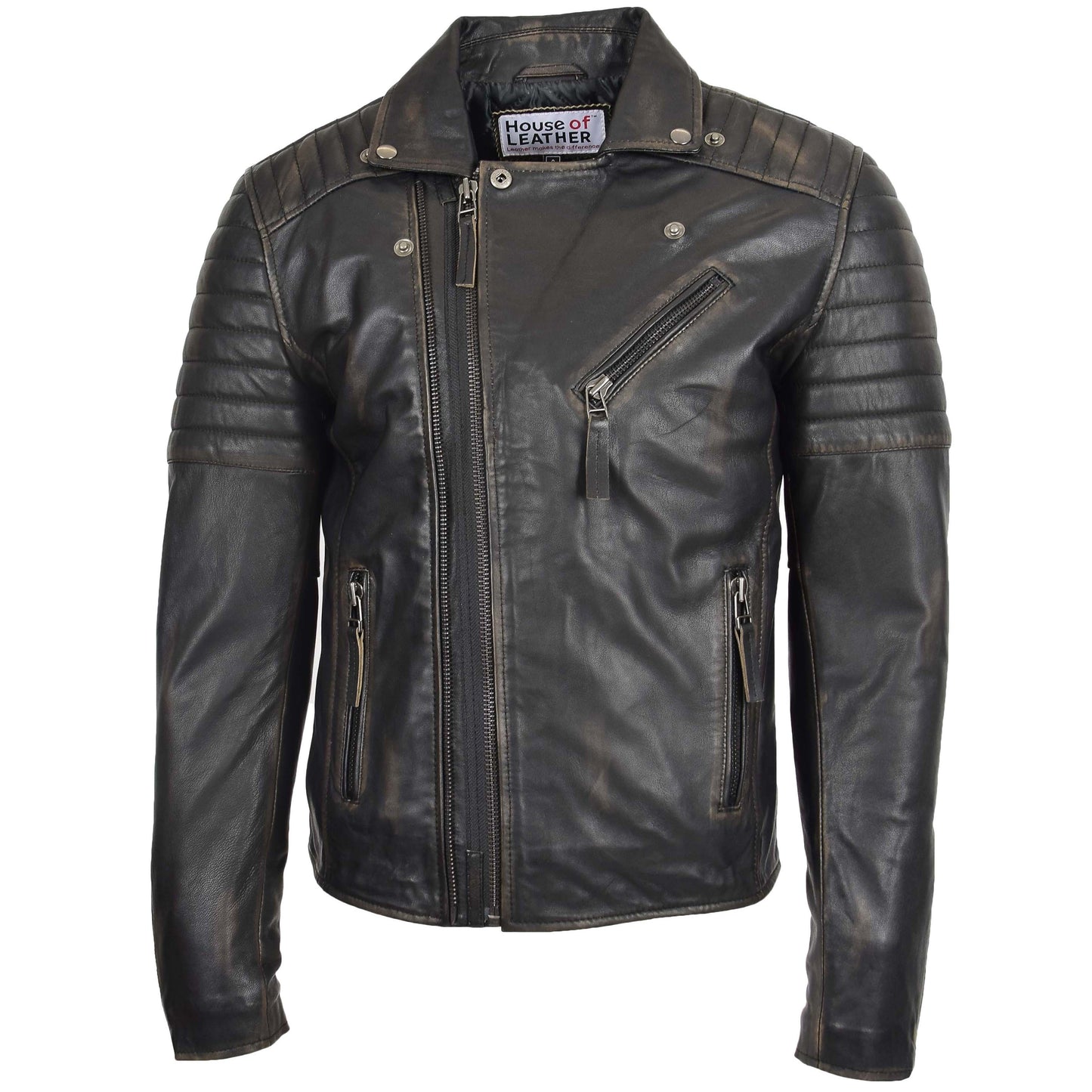 Mens Biker Leather Jacket Dual Zip Hook Rub Off 3