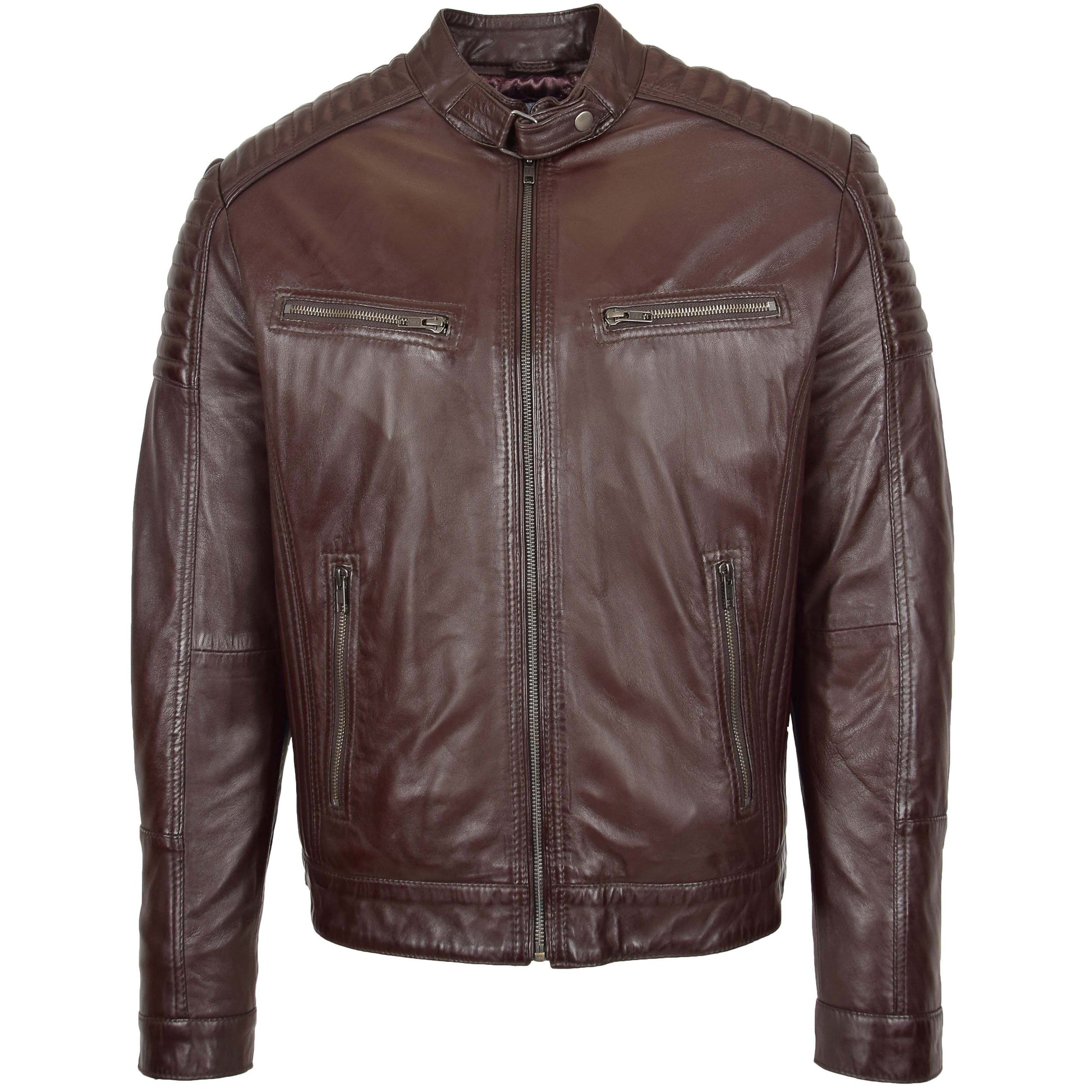 Mens Leather Cafe Racer Biker Jacket Ron Brown 2