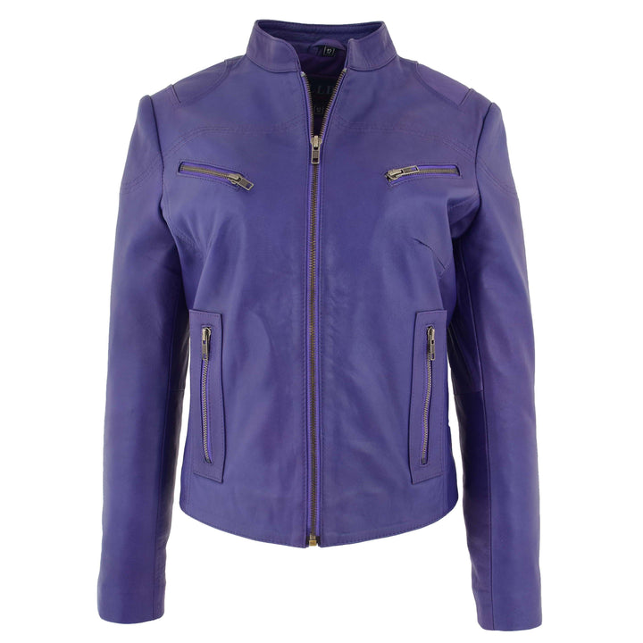 Womens Leather Standing Collar Jacket Becky Purple 2