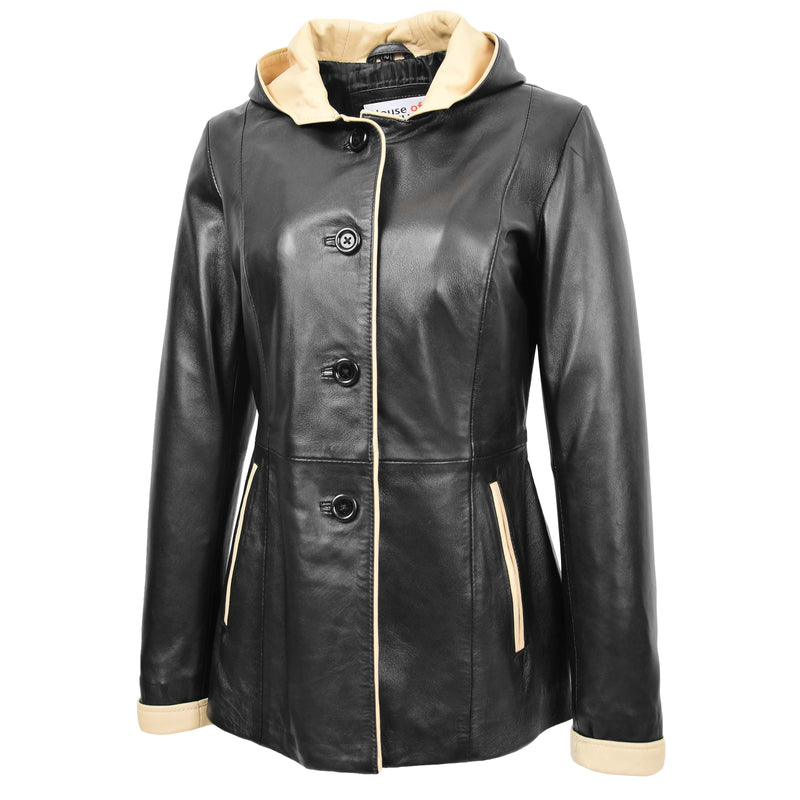 Womens Hooded Leather Button Jacket Carolina Black Beige 2