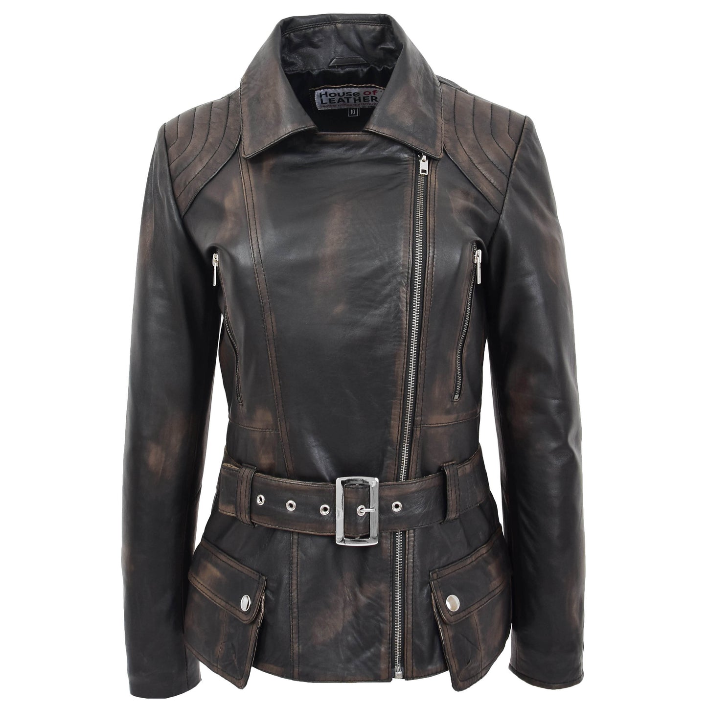 Womens Leather Hip Length Biker Jacket Celia Rub Off 2