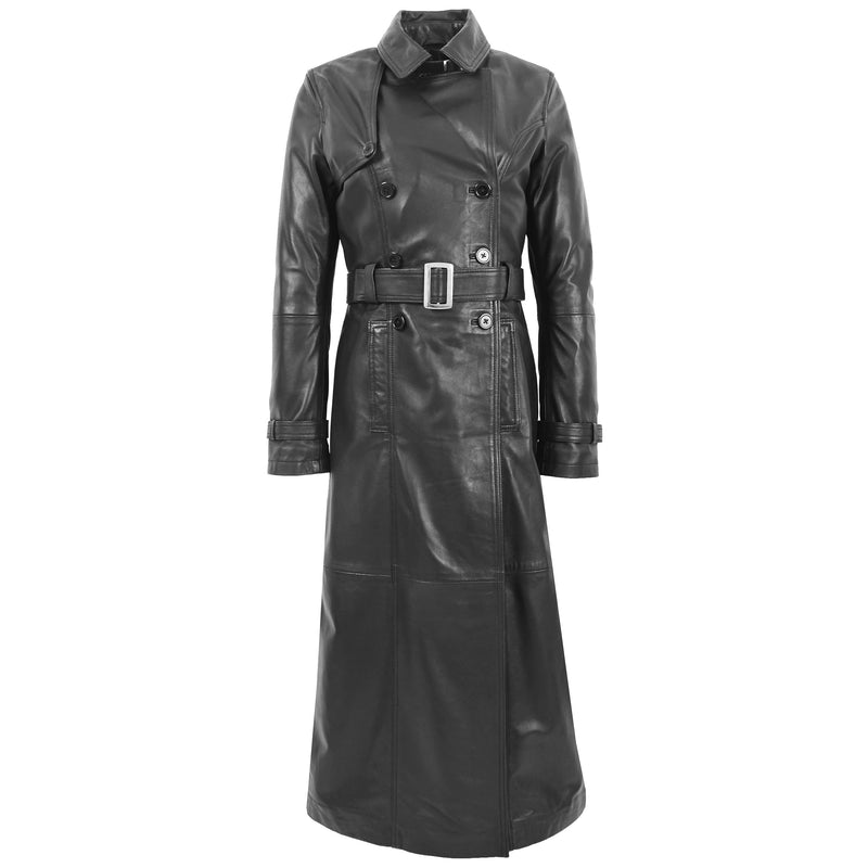 Womens Leather Full Length Trench Coat Sharon Black 3
