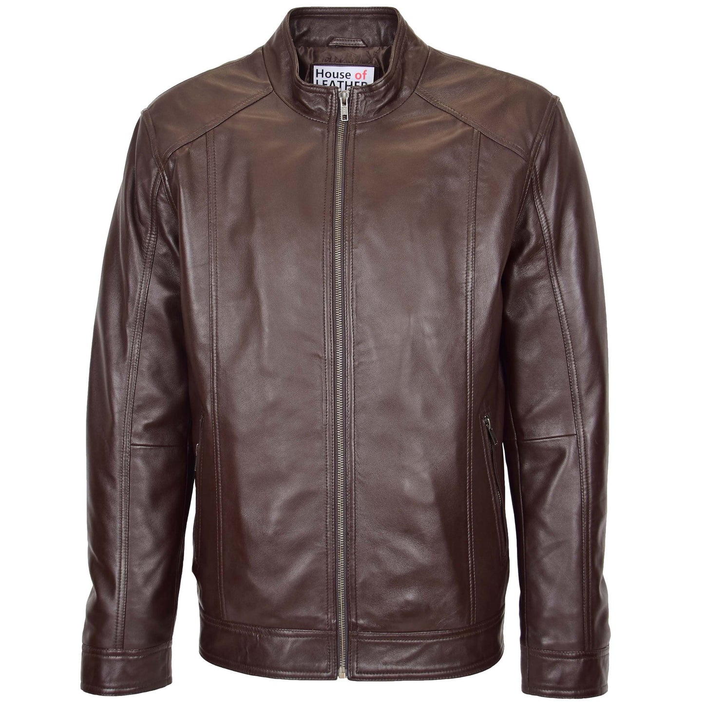 Mens Soft Leather Casual Plain Zip Jacket Matt Brown 2