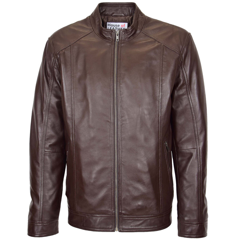 Mens Soft Leather Casual Plain Zip Jacket Matt Brown 2