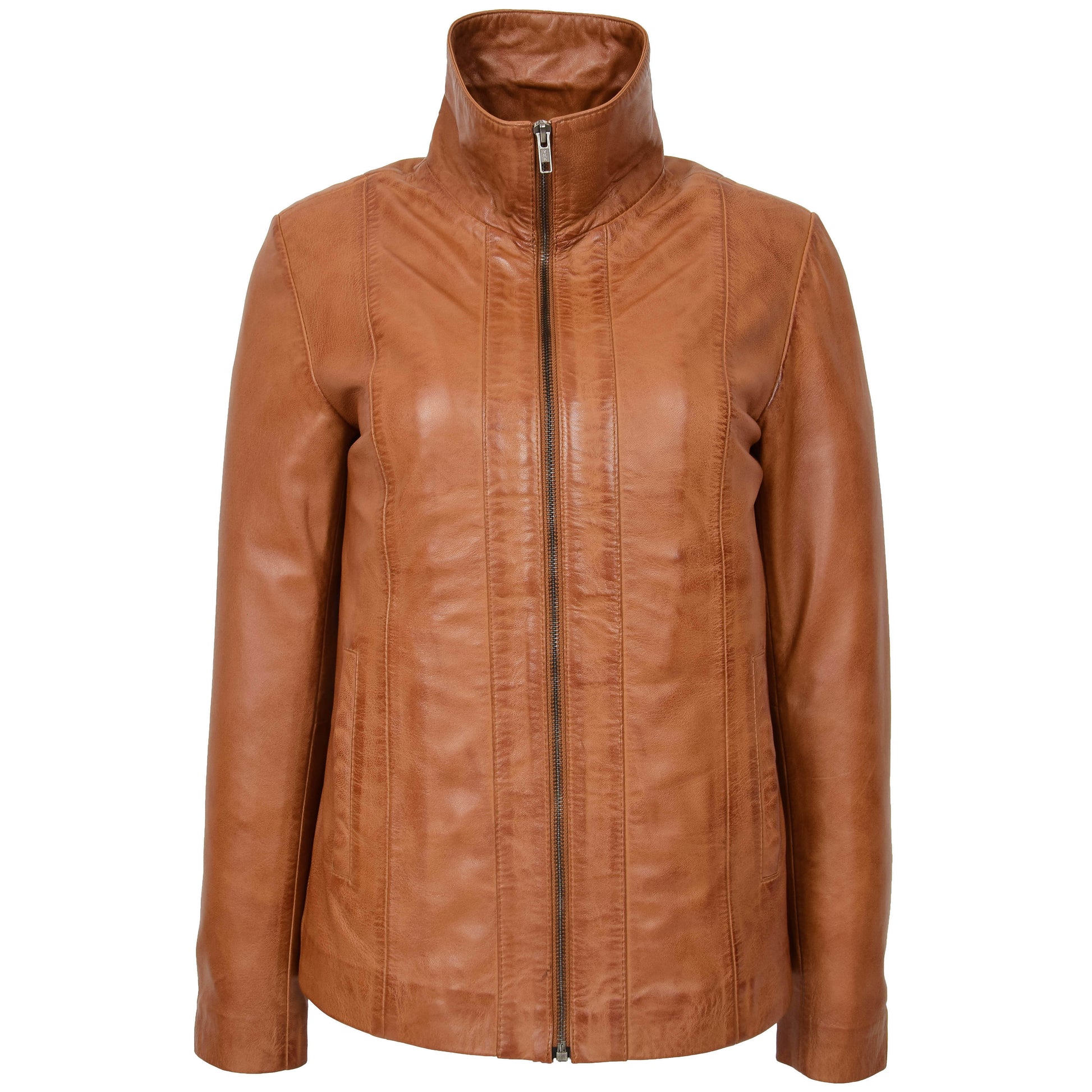 Womens Classic Zip Fastening Leather Jacket Julia Tan 2