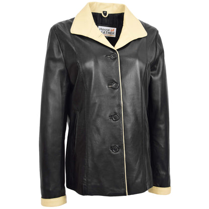 Womens Leather Classic Button Box Jacket Amber Black Beige 2