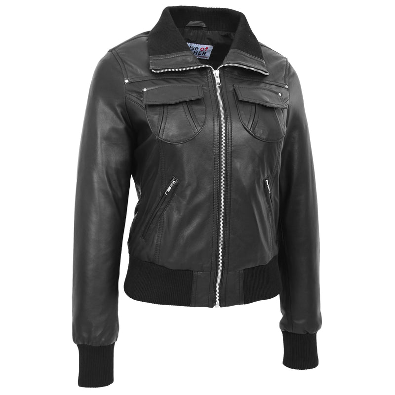 Womens Leather Classic Bomber Jacket Motto Black 2