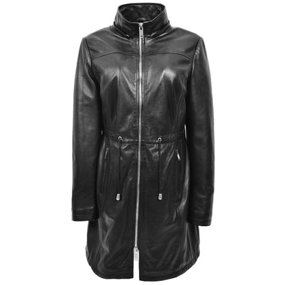 Womens Real Leather Hooded Parka Coat Tyra Black 2