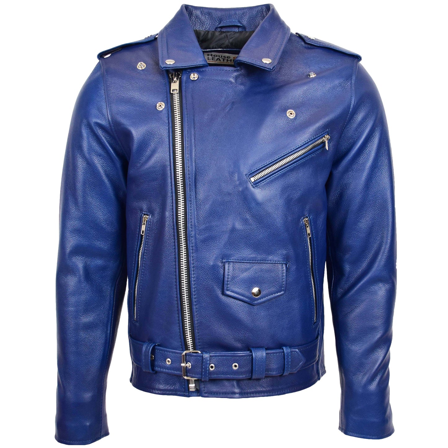 Mens Heavy Duty Leather Biker Brando Jacket Kyle Blue 2