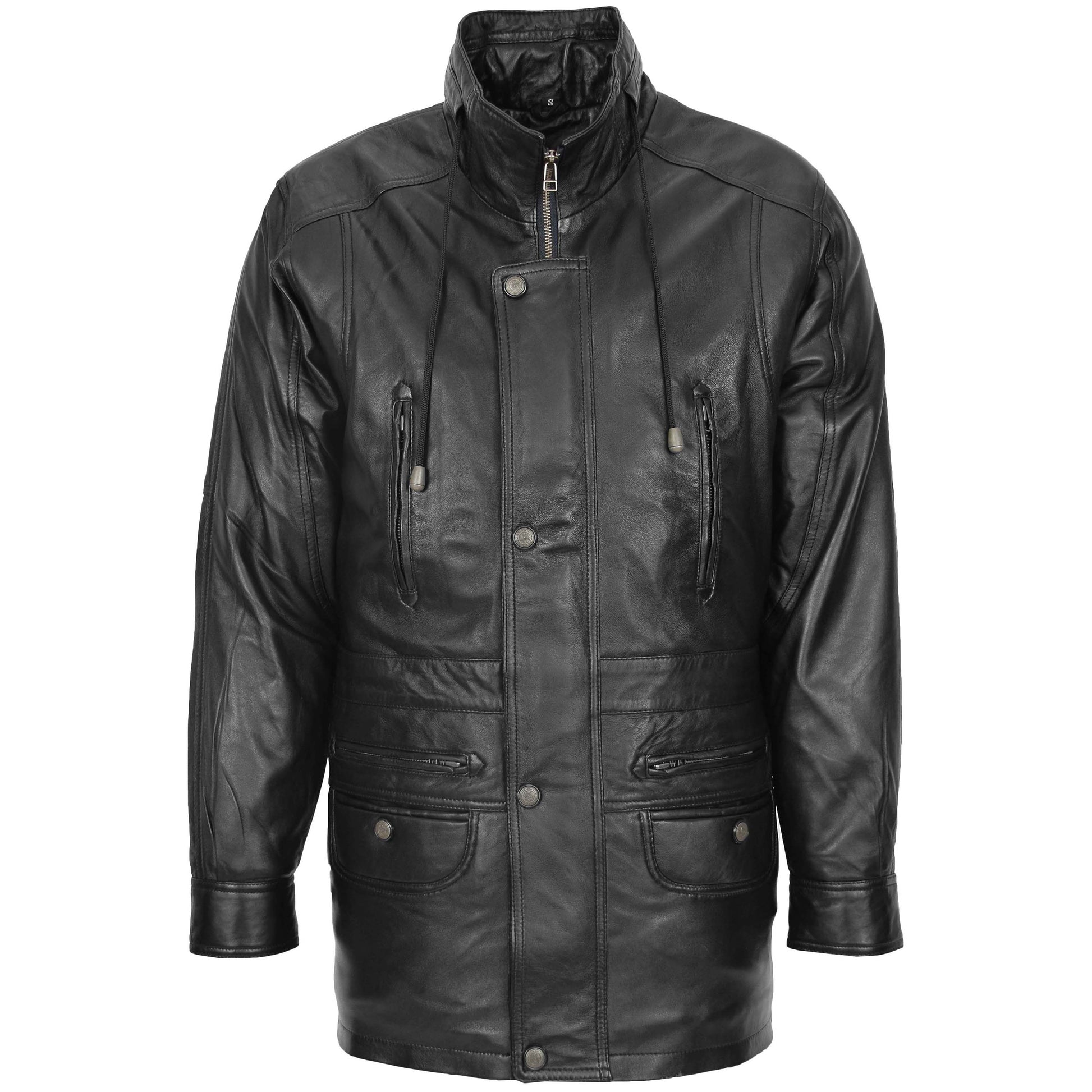 Mens Leather Winter Car Coat Hip Length Jason Black 2