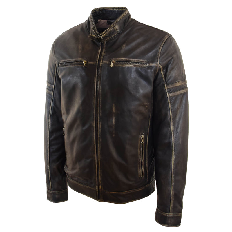 Mens Real Leather Biker Jacket Vintage Rub Off Effect RICKY 3