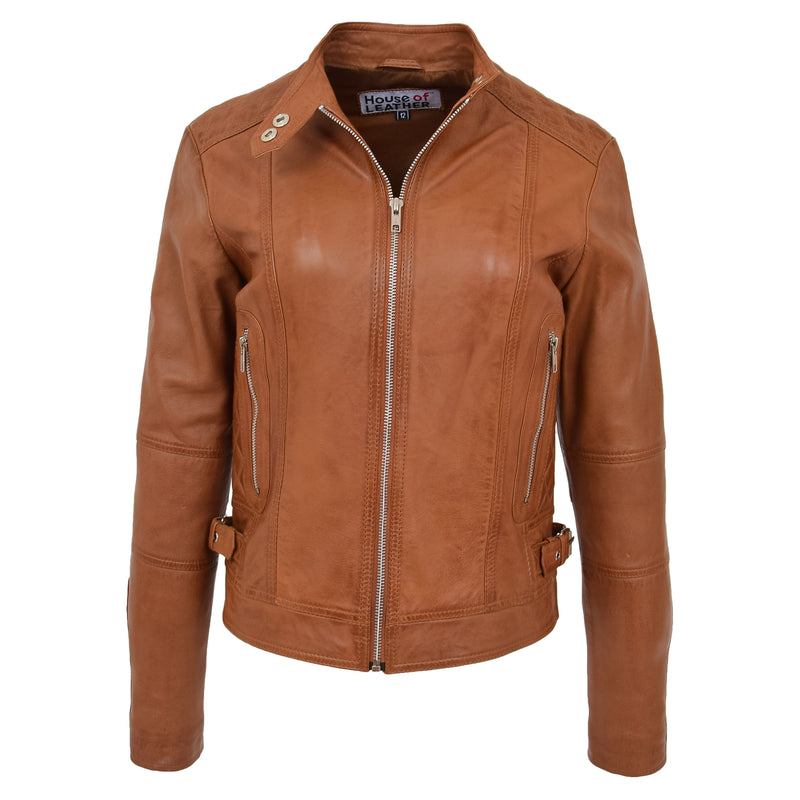 Womens Soft Leather Casual Zip Biker Jacket Ruby Tan 2