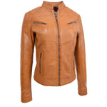 Womens Leather Standing Collar Jacket Becky Tan 2