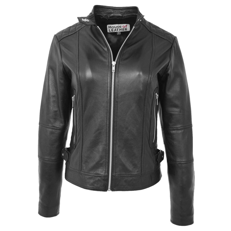 Womens Soft Leather Casual Zip Biker Jacket Ruby Black 2