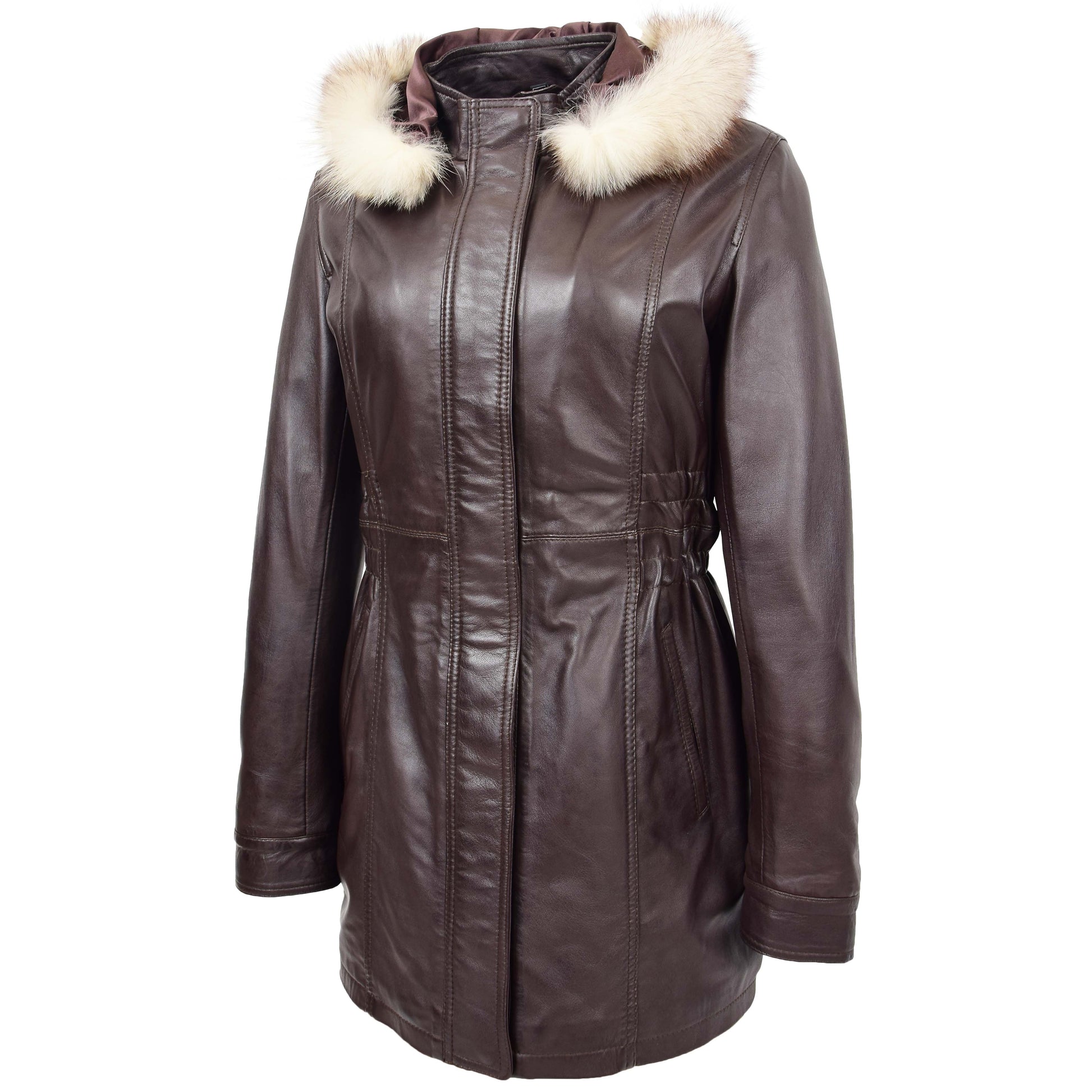 Womens Detachable Hoodie Leather Coat Kathy Brown 2