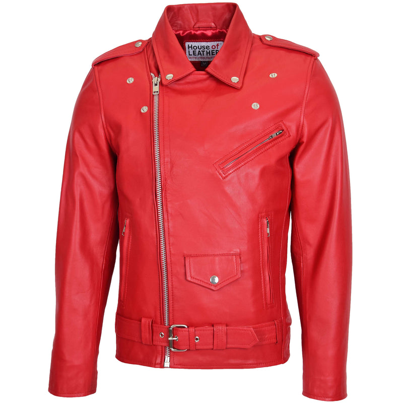 Mens Leather Biker Jacket Brando Style Johnny Red 2