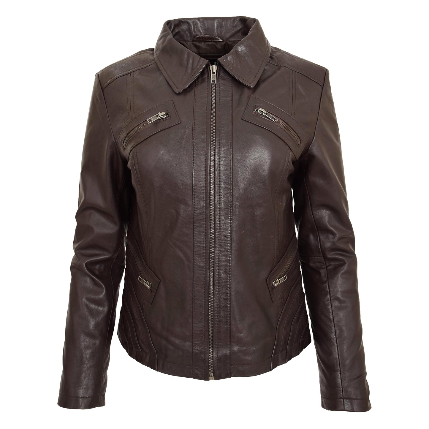 Womens Classic Leather Biker Zip Box Jacket Nova Brown 2