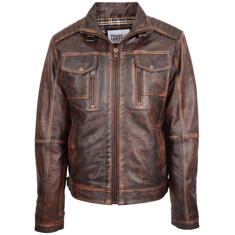 Mens Leather Urban Biker Style Jacket Hugo Brown Vintage