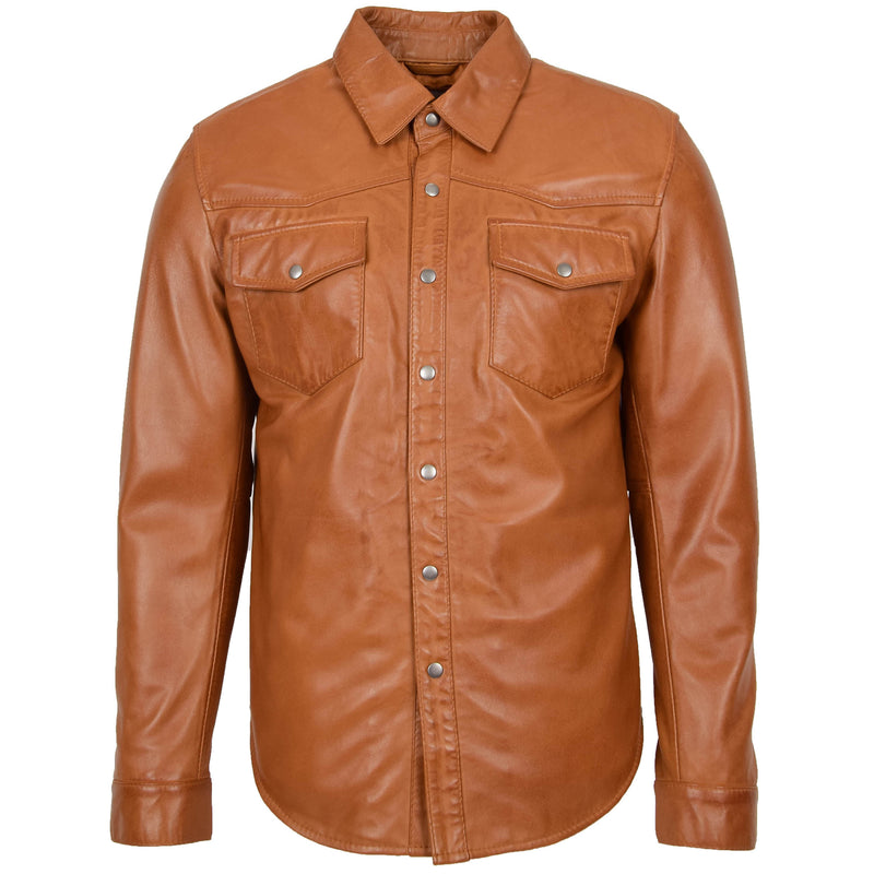 Mens Leather Shirt Classic Trucker Style Oliver Tan 2