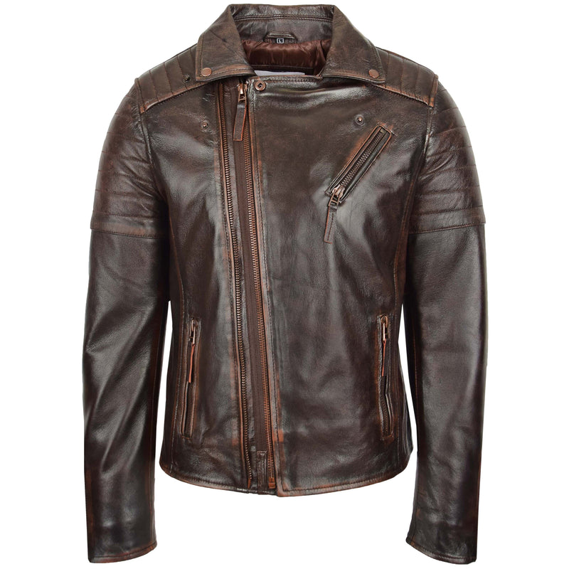 Mens Biker Leather Jacket Dual Zip Hook Brown Vintage 2