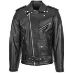 Mens Biker Brando Leather Jacket with Fringes Wayne Black 2