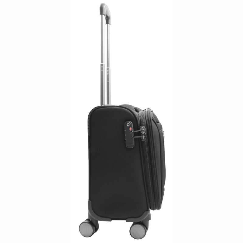 Made from durable polyester/Polyimide and complete with high quality zip pullers. It features a top carry handle, self locking telescopic handle, two front pockets and TSA approved integrated combination lock. Inside there are one packing straps and open compartments, one of the compartments is padded and suitable for a laptop. 3