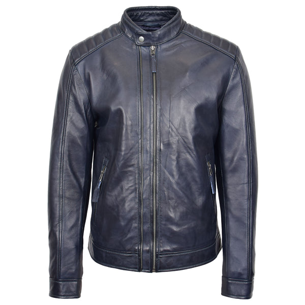 Mens Real Leather Biker Jacket Navy Blue | House of Leather