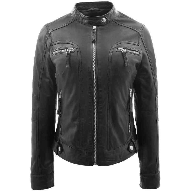 Womens Real Leather Biker Jacket Casual Style Annie Black 2