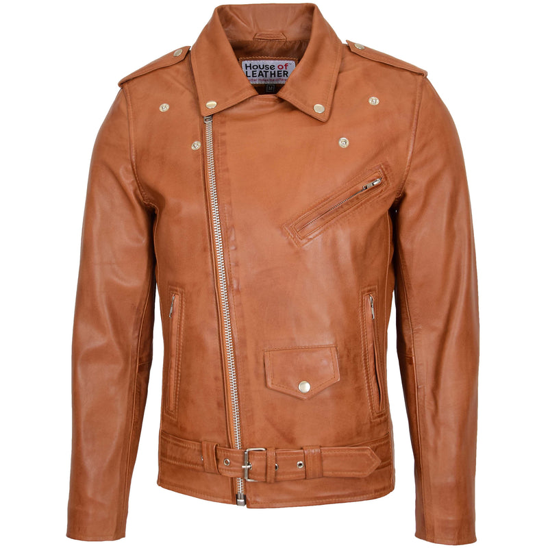 Mens Leather Biker Jacket Brando Style Johnny Tan 2