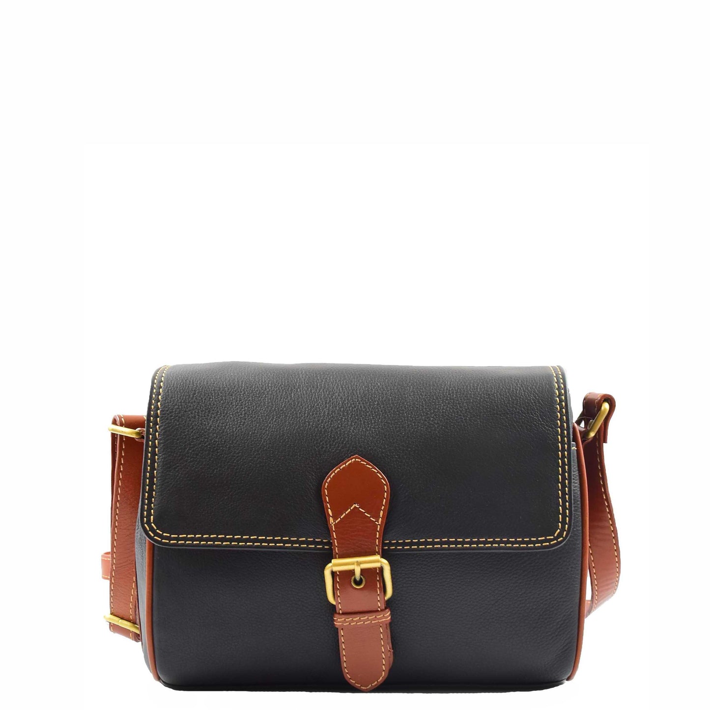 Women Genuine Leather Crossbody Bag Satchel Saddle HANNAH Black/Tan 2