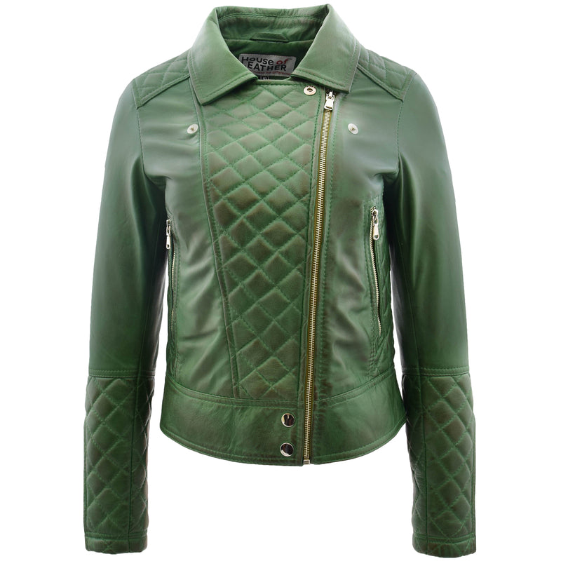 Womens Leather Biker Jacket with Quilt Detail Ziva Green 2