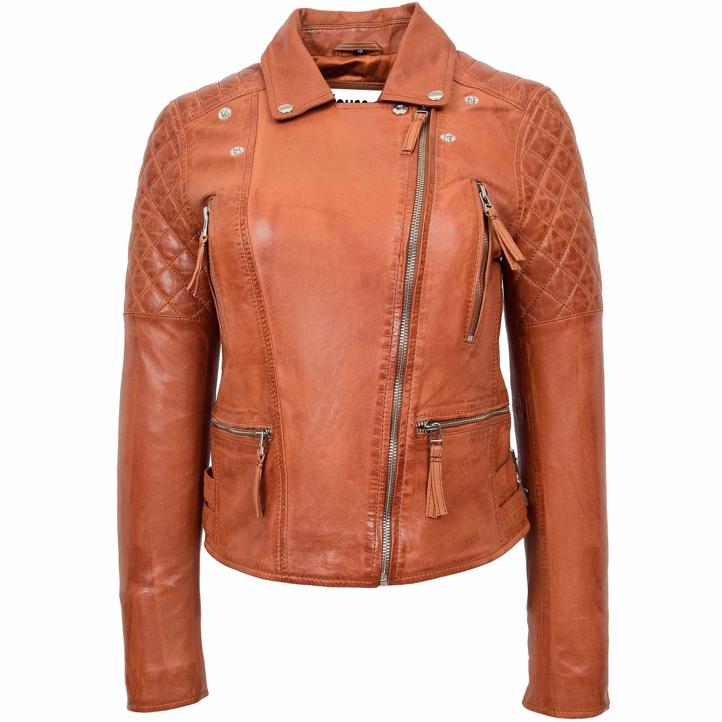 Womens Cross Zip Biker Leather Jacket Claudia Cognac 2